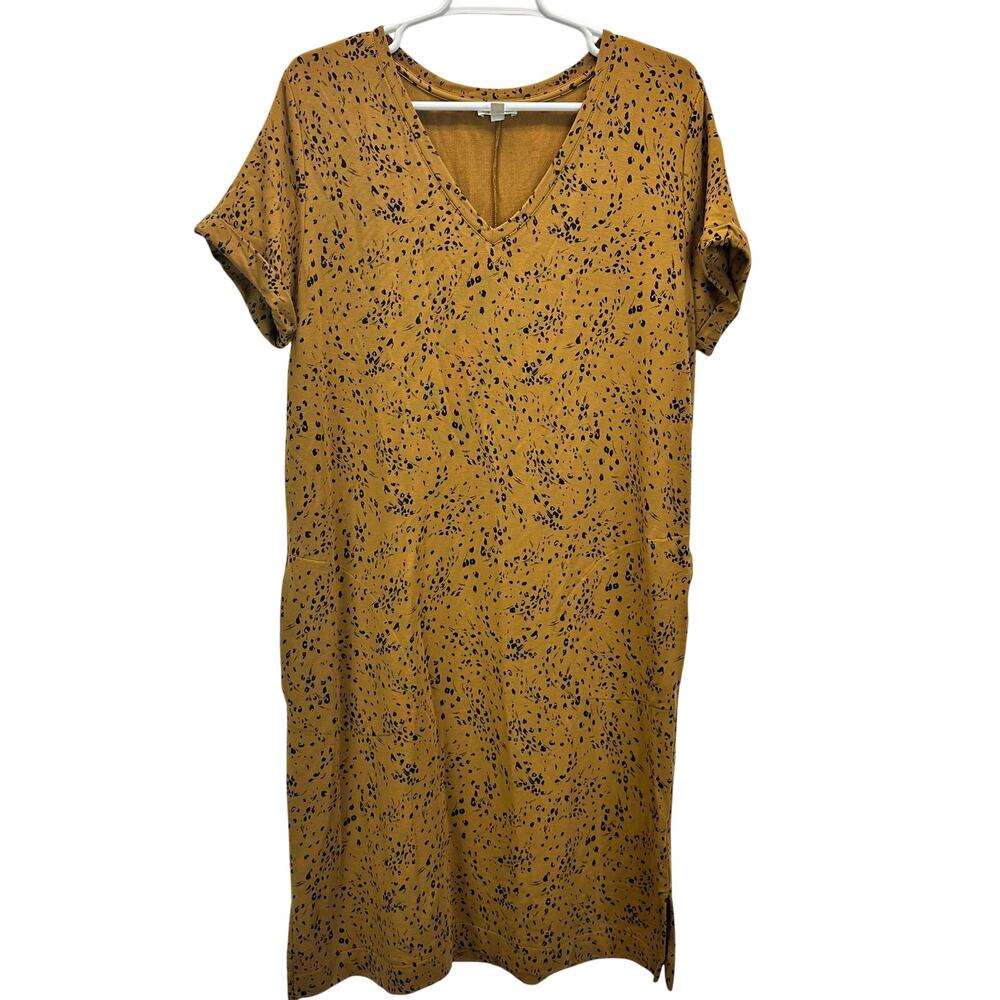 Garnet Hill Everyday T-Shirt Dress Yellow Black Floral Med
